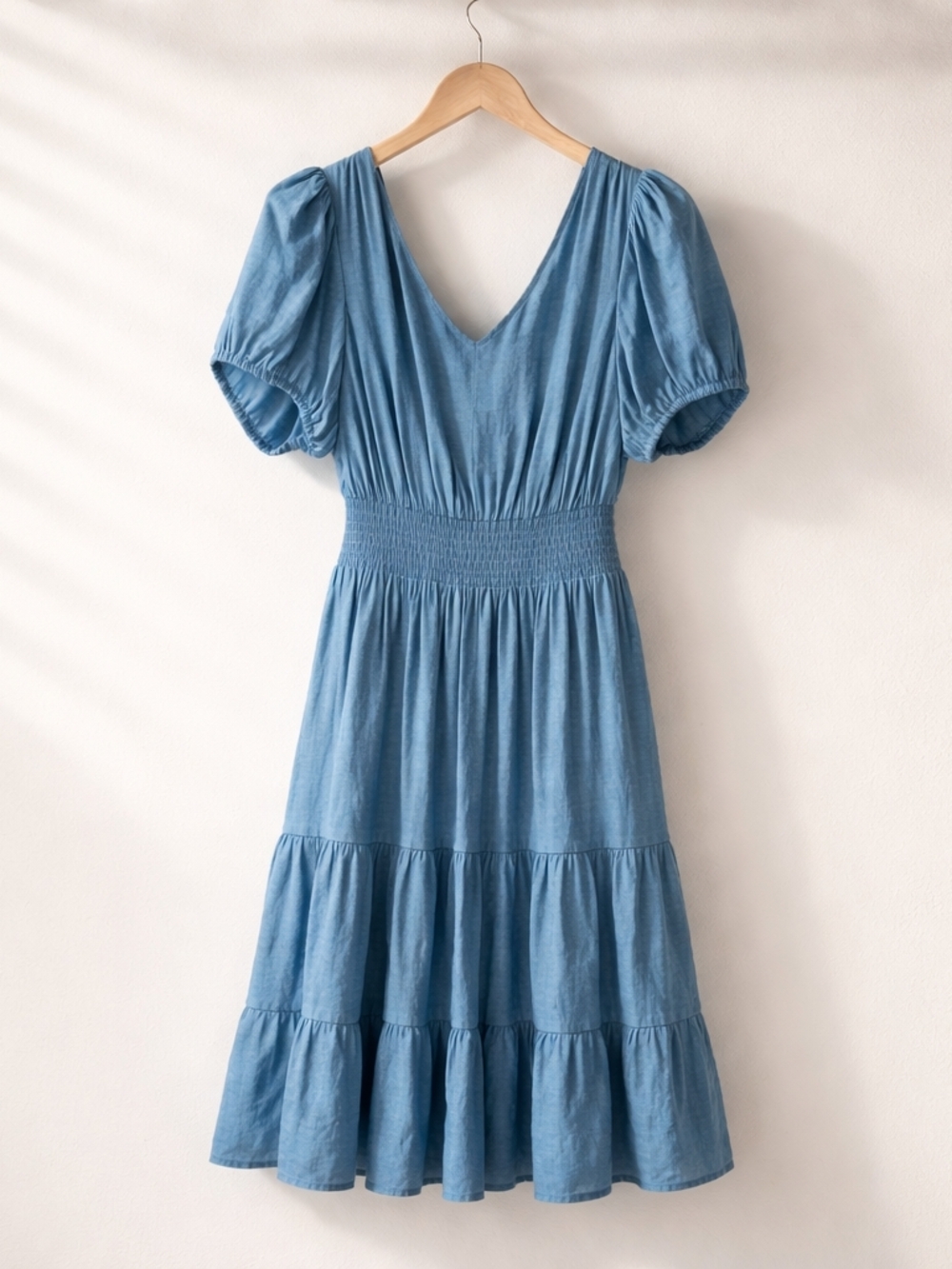 Light Blue Smocked-Waist Midi Dress with Puff Sleeves
